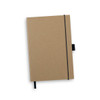 A kraft notebook with a black elastic closure and a ribbon bookmark. It features a logo on the cover.