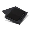 A black notebook and pen set presented in a matching black gift box featuring a logo.