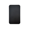 A black solid state power bank with a smooth surface and rounded edges, featuring a logo.
