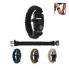 A paracord survival bracelet in black, featuring a whistle, compass, and a variety of colours including navy and khaki.