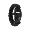 A black 3-in-1 emergency survival bracelet featuring a whistle and compass, designed for outdoor use.