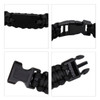 A black paracord bracelet featuring a metal plate and plastic clasp. Includes detailed views of the clasp and woven design.