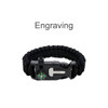 A black survival bracelet featuring a compass and buckle, made from durable woven material. It includes a logo.