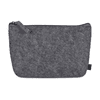 A grey RPET felt mini cosmetic bag with a zip closure and a small tag on the side.