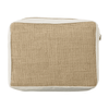 A jute cosmetic bag featuring a tan woven texture with a light cream base and a zip closure.