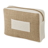 A jute cosmetic bag in a natural brown and cream colour, featuring a zip closure and a blank front panel.