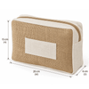 A jute cosmetic bag in natural tones with a cream fabric panel, featuring a zipper and dimensions displayed.