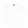 A plain white t-shirt with a crew neck and short sleeves, featuring a logo on the label.