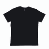 A black t-shirt displayed flat with a simple design and a logo on the tag.