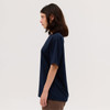 A navy blue short-sleeved tee featuring a loose fit and a branding logo.