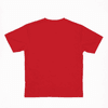 A red T-shirt featuring a simple design and an unspecified logo or branding on the back.