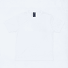 A plain white T-shirt with a logo on the label, featuring short sleeves and a crew neck.