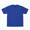 A blue t-shirt with short sleeves, featuring a logo on the inside label.