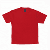 A red T-shirt with short sleeves and a round neckline, featuring a branding label inside.