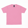 A pink t-shirt with short sleeves and a label on the inside neckline. It features a branding logo.