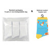 A biodegradable bag containing 12 pairs of ear-shaped crew kids socks, featuring a blue and yellow custom pattern.