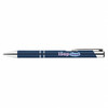 A navy blue gel ink pen with a silver clip and detailed branding on the barrel.