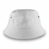 A white bucket hat featuring a simple, unembellished design and a small logo on the side.