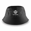 A black bucket hat featuring a logo. The hat has a wide brim and a casual design.