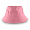 A large pink bucket hat with eyelets on either side and a wide brim, featuring a logo.