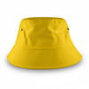A yellow bucket hat with a wide brim and small ventilation holes, featuring a logo on the side.