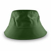 A green bucket hat with a wide brim and ventilation eyelets, featuring a simple design and soft fabric.