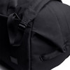 A black duffel bag featuring adjustable straps and a sleek design, with a logo on the side.