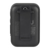 A compact black Bluetooth speaker featuring a magnetic clip on the back for attachment and a logo on the side.