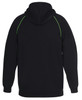 A black hoodie featuring green contrast stitching, with a spacious hood and ribbed cuffs. It has a logo on the back.