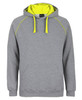 A grey hoodie featuring a contrasting neon yellow hood and detailing, complete with a front pocket and a logo.