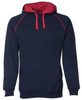 A navy blue hoodie with contrasting red accents on the hood and drawstrings, featuring a front pocket and logo.