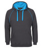 A black hoodie with a blue lined hood and blue drawstrings, featuring a front pocket and a logo on the label.