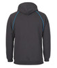 A dark grey hoodie with a blue contrast detail and a hood, featuring a logo on the back.