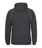 A black hoodie with green contrast stitching, featuring a hood and a logo on the back.