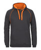 A dark grey hoodie with an orange lining and drawstrings, featuring a front pocket and branding.