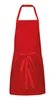 A red apron with a tie waist and adjustable neck strap, featuring a logo.
