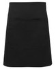 A black apron featuring a front pocket and a simple design, suitable for workwear. It has a branded logo.
