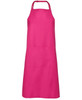 A pink work apron with a halter neck design and a front pocket, featuring a logo.