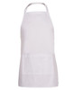 A plain white apron with a front pocket and a neck strap. It features a logo.