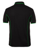 A black polo shirt with green piping details and a logo on the back.