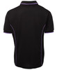 A black polo shirt featuring purple piping along the seams and a logo on the chest.