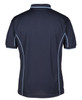 A navy blue polo shirt featuring light blue piping and a collar. It has a logo on the front.