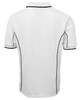 A white polo shirt featuring black piping along the seams, with a collar and short sleeves. It has a logo.