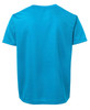 A bright turquoise T-shirt with a simple design and short sleeves, featuring a logo on the back.
