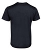 A black t-shirt featuring a smooth, simple design and a standard crew neck. It has a logo on the back.