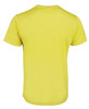A bright yellow T-shirt featuring a plain back and a logo. Suitable for casual wear.