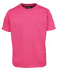 A pink t-shirt with a round neckline and short sleeves, featuring a logo on the label.