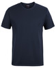 A navy blue T-shirt with a round neckline and short sleeves, featuring a logo.