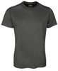 A dark grey t-shirt with short sleeves, featuring a round neckline and branding on the inside of the collar.