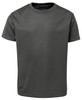 A dark grey T-shirt featuring a crew neck and short sleeves, with a logo on the neckline.